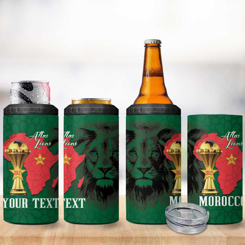 Morocco Football Custom 4 in 1 Can Cooler Tumbler Atlas Lions Champions African Green Islamic Pattern