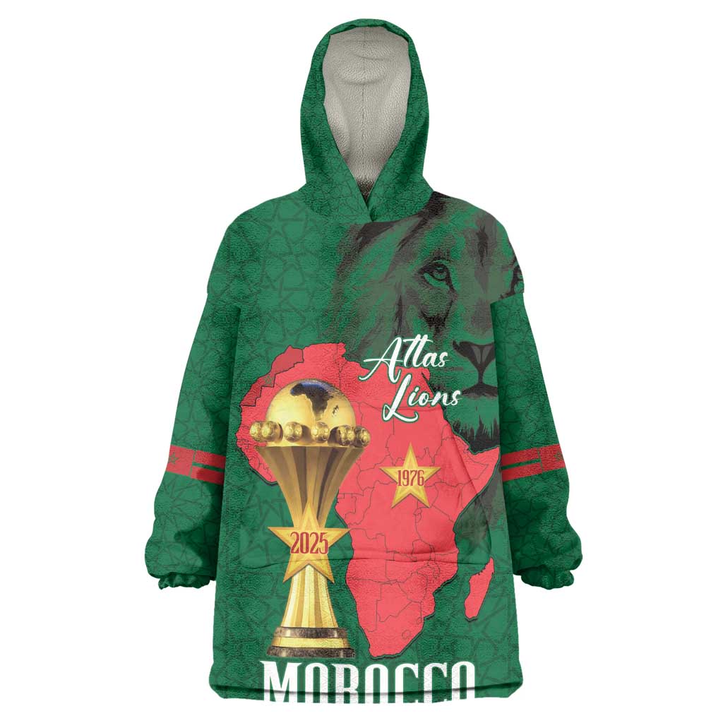 Morocco Football Custom Kid Wearable Blanket Hoodie Atlas Lions Champions African Green Islamic Pattern