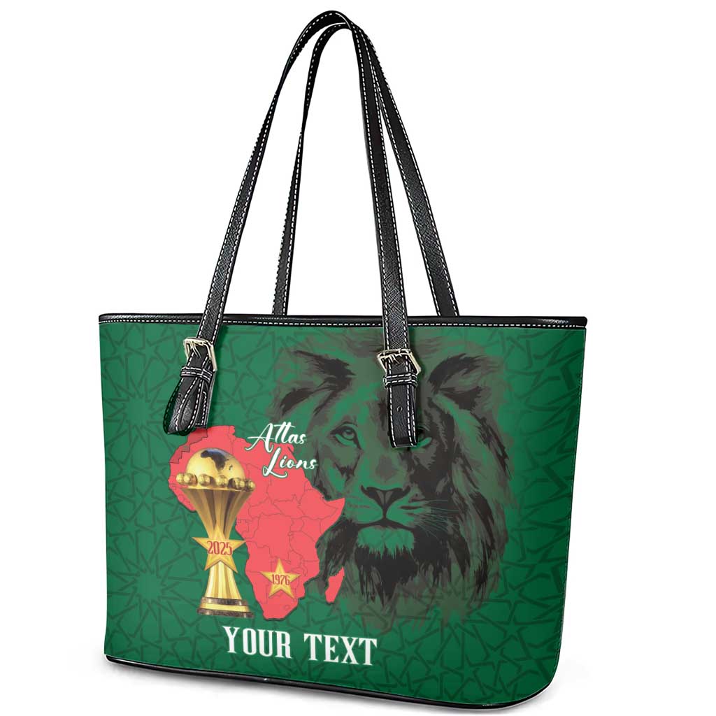 Morocco Football Custom Leather Tote Bag Atlas Lions Champions African Green Islamic Pattern