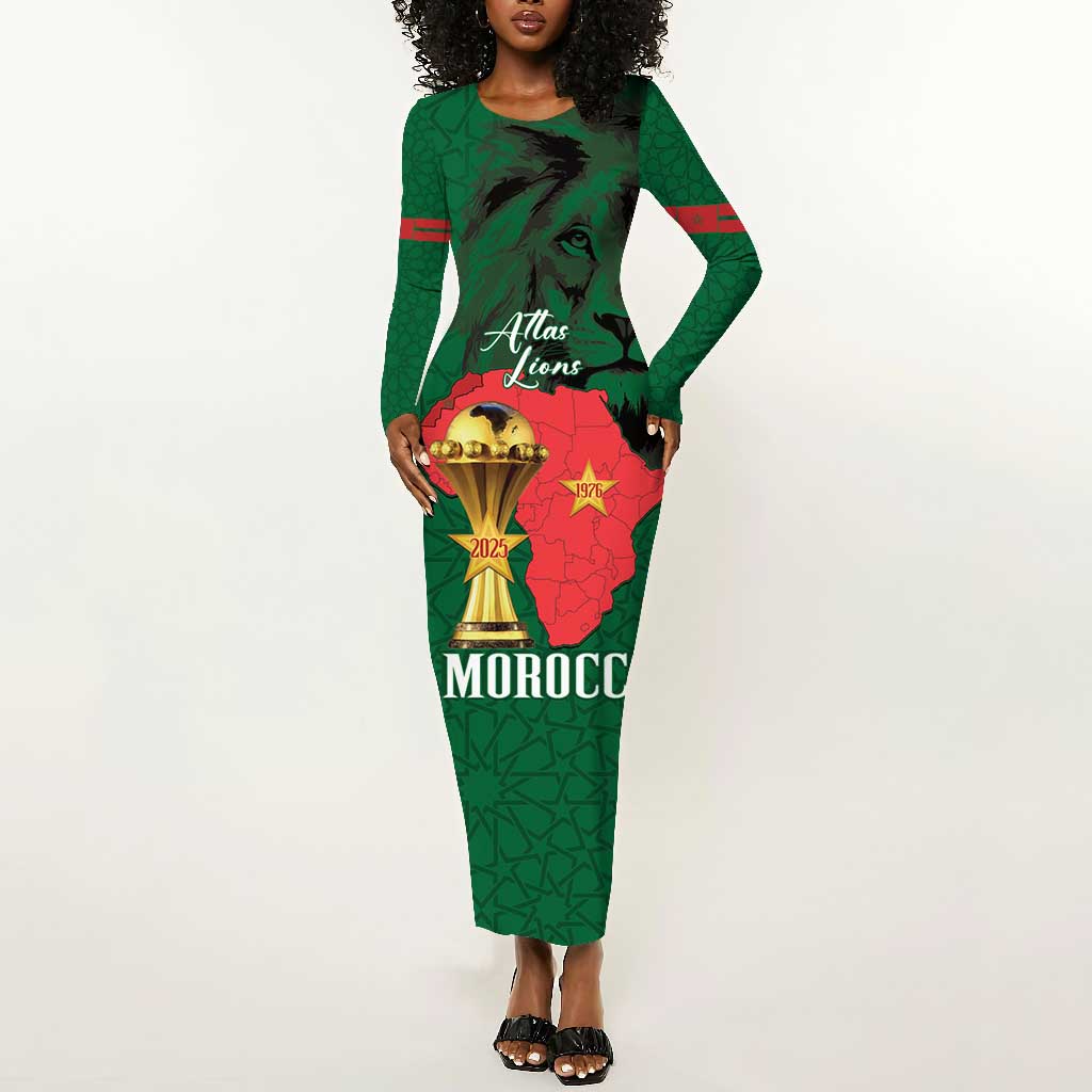 Morocco Football Custom Long Sleeve Bodycon Dress Atlas Lions Champions African Green Islamic Pattern