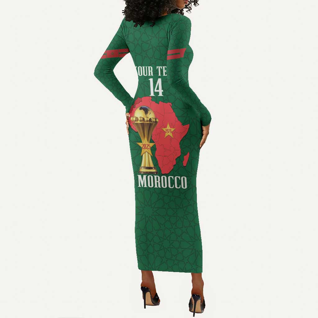 Morocco Football Custom Long Sleeve Bodycon Dress Atlas Lions Champions African Green Islamic Pattern