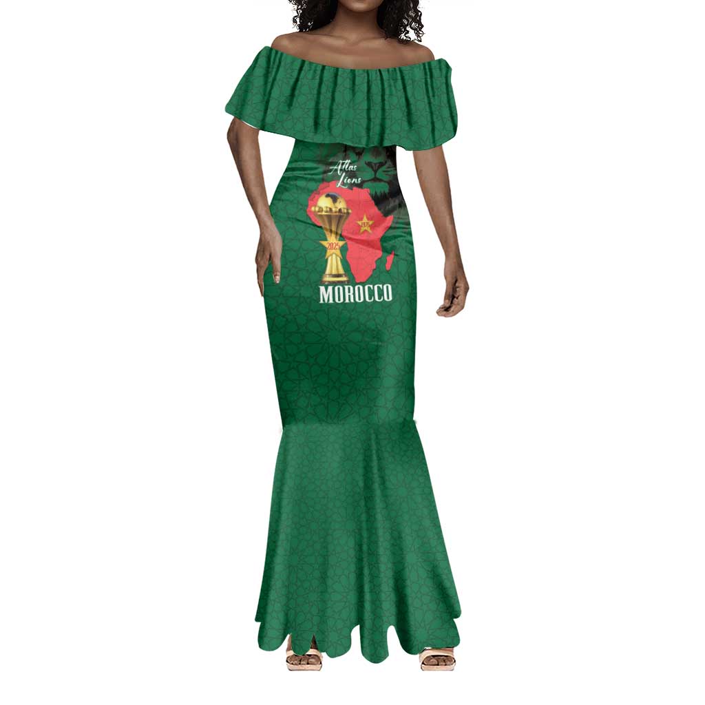 Morocco Football Custom Mermaid Dress Atlas Lions Champions African Green Islamic Pattern