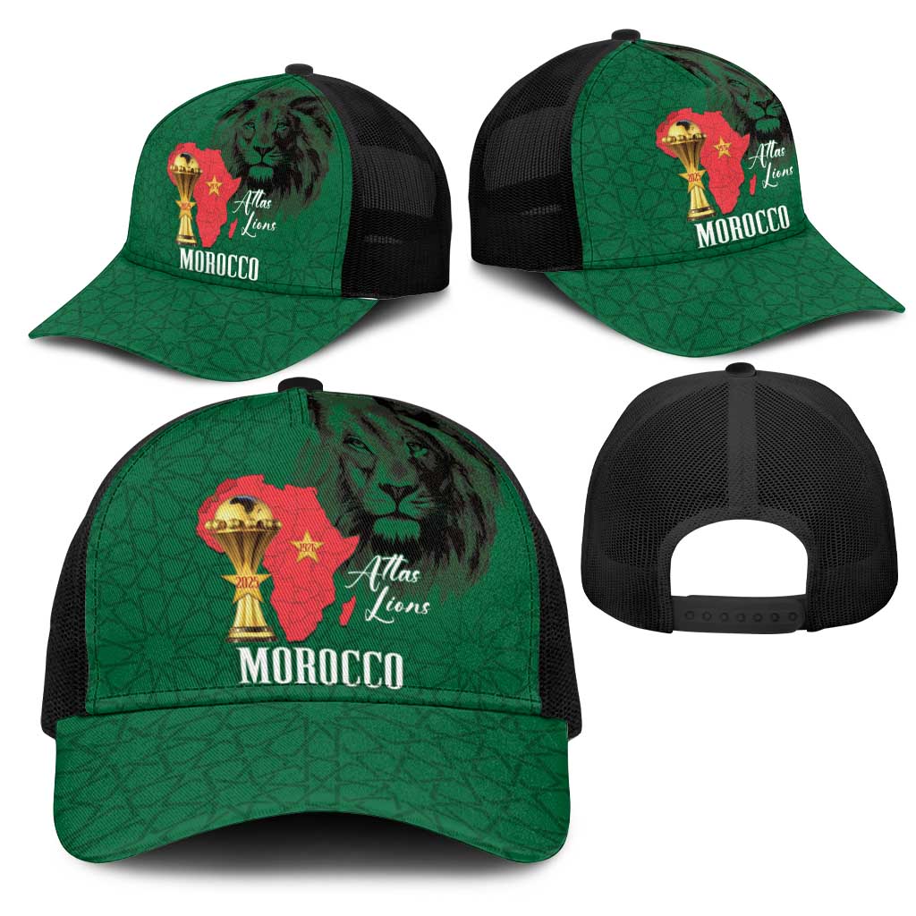 Morocco Football Mesh Trucker Cap Atlas Lions Champions African Green Islamic Pattern