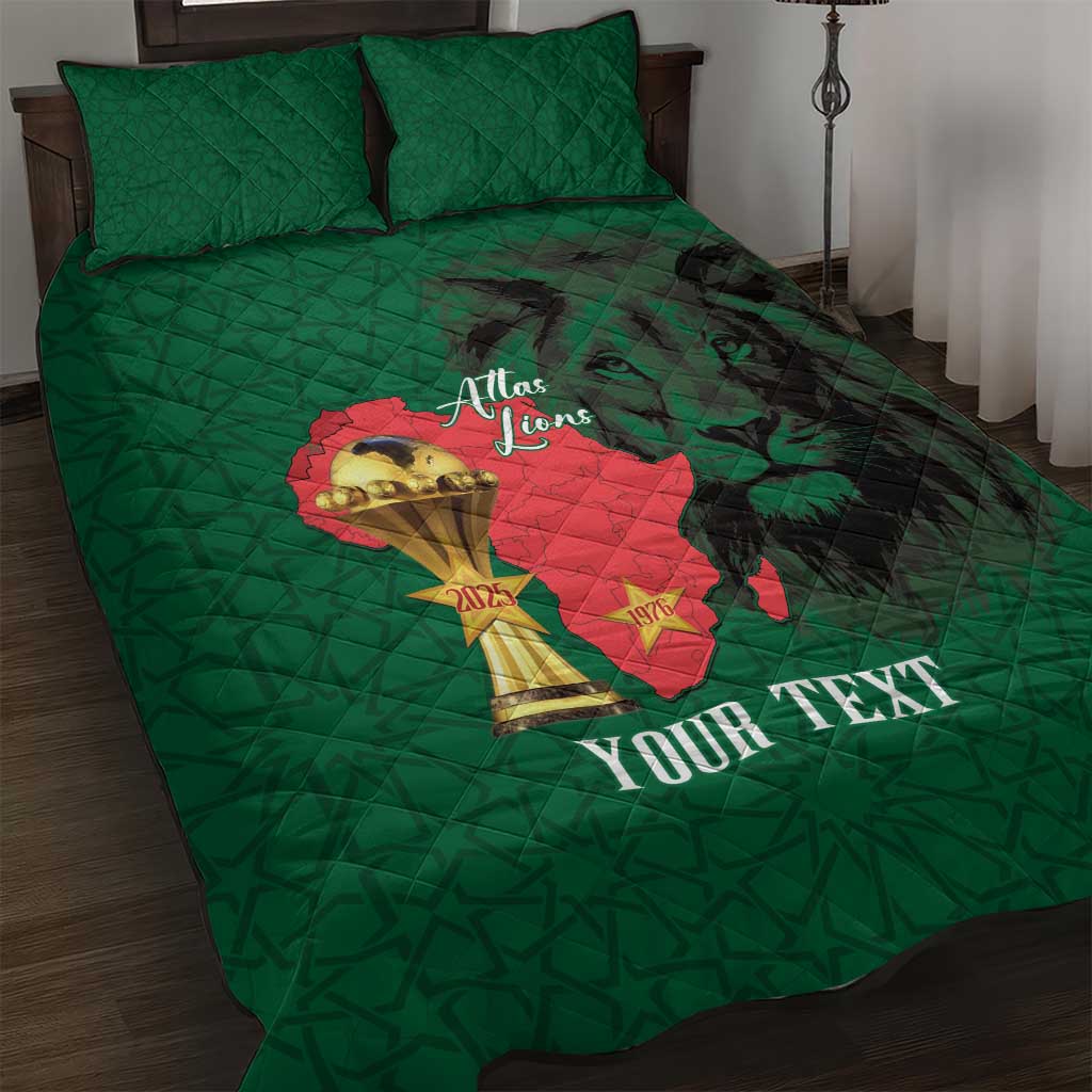 Morocco Football Custom Quilt Bed Set Atlas Lions Champions African Green Islamic Pattern