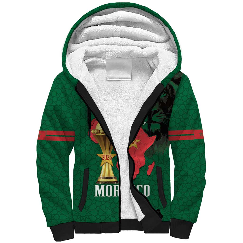 Morocco Football Custom Sherpa Hoodie Atlas Lions Champions African Green Islamic Pattern