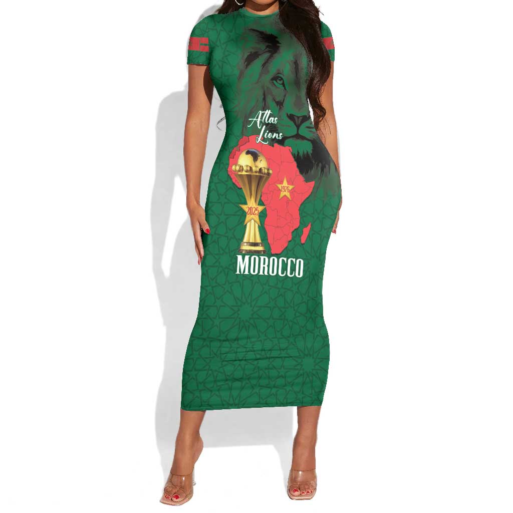 Morocco Football Custom Short Sleeve Bodycon Dress Atlas Lions Champions African Green Islamic Pattern