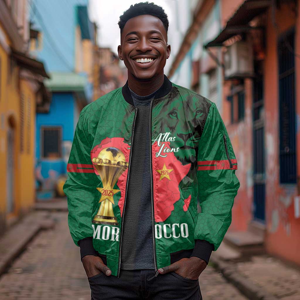 Morocco Football Custom Sleeve Zip Bomber Jacket Atlas Lions Champions African Green Islamic Pattern