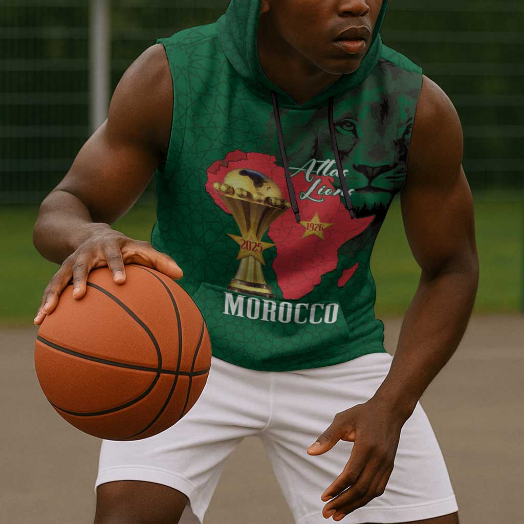 Morocco Football Custom Sleeveless Hoodie Atlas Lions Champions African Green Islamic Pattern