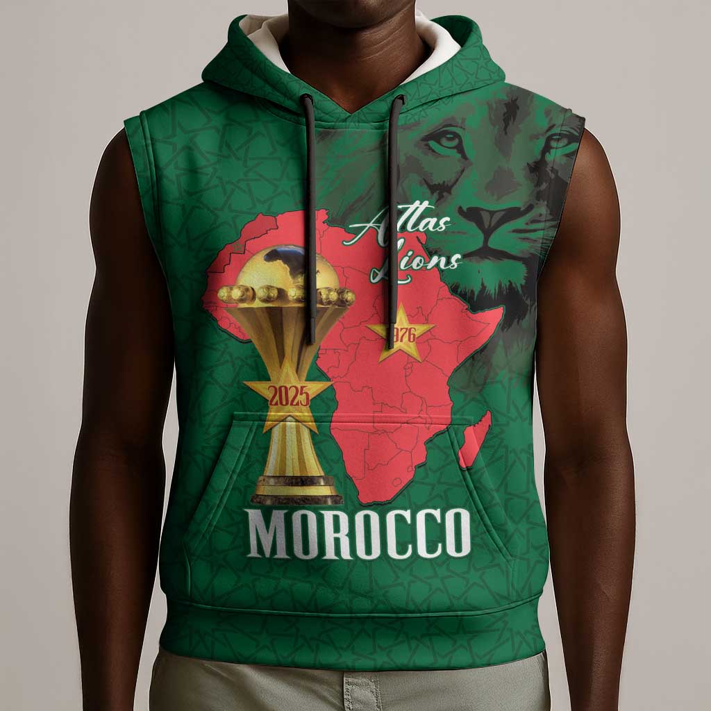 Morocco Football Custom Sleeveless Hoodie Atlas Lions Champions African Green Islamic Pattern