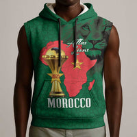 Morocco Football Custom Sleeveless Hoodie Atlas Lions Champions African Green Islamic Pattern