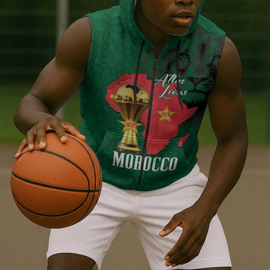 Morocco Football Custom Sleeveless Zip Hoodie Atlas Lions Champions African Green Islamic Pattern