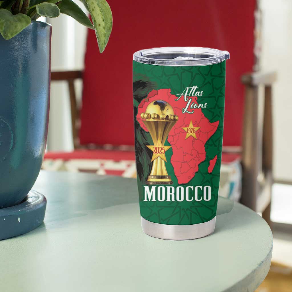 Morocco Football Custom Tumbler Cup Atlas Lions Champions African Green Islamic Pattern