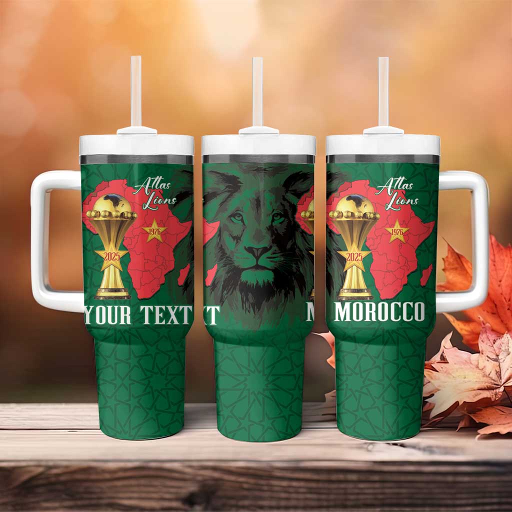 Morocco Football Custom Tumbler With Handle Atlas Lions Champions African Green Islamic Pattern