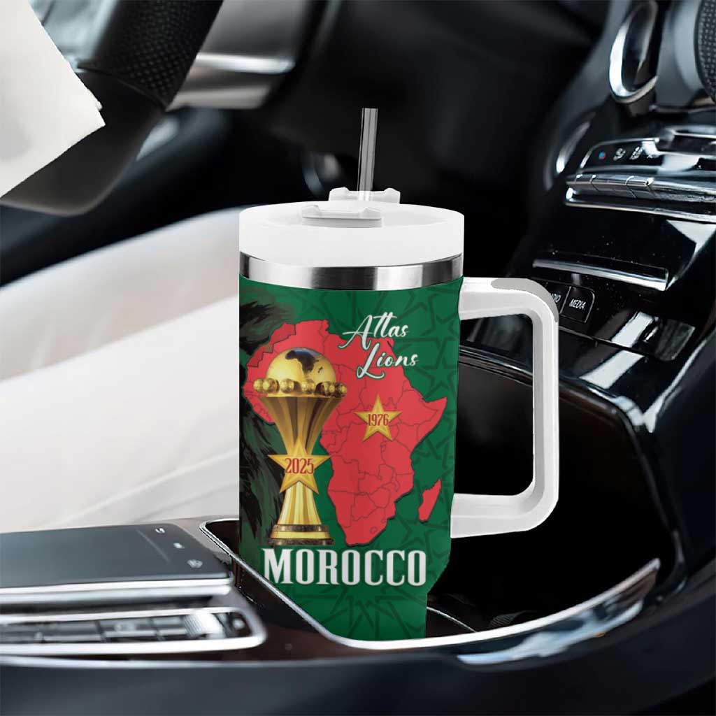 Morocco Football Custom Tumbler With Handle Atlas Lions Champions African Green Islamic Pattern