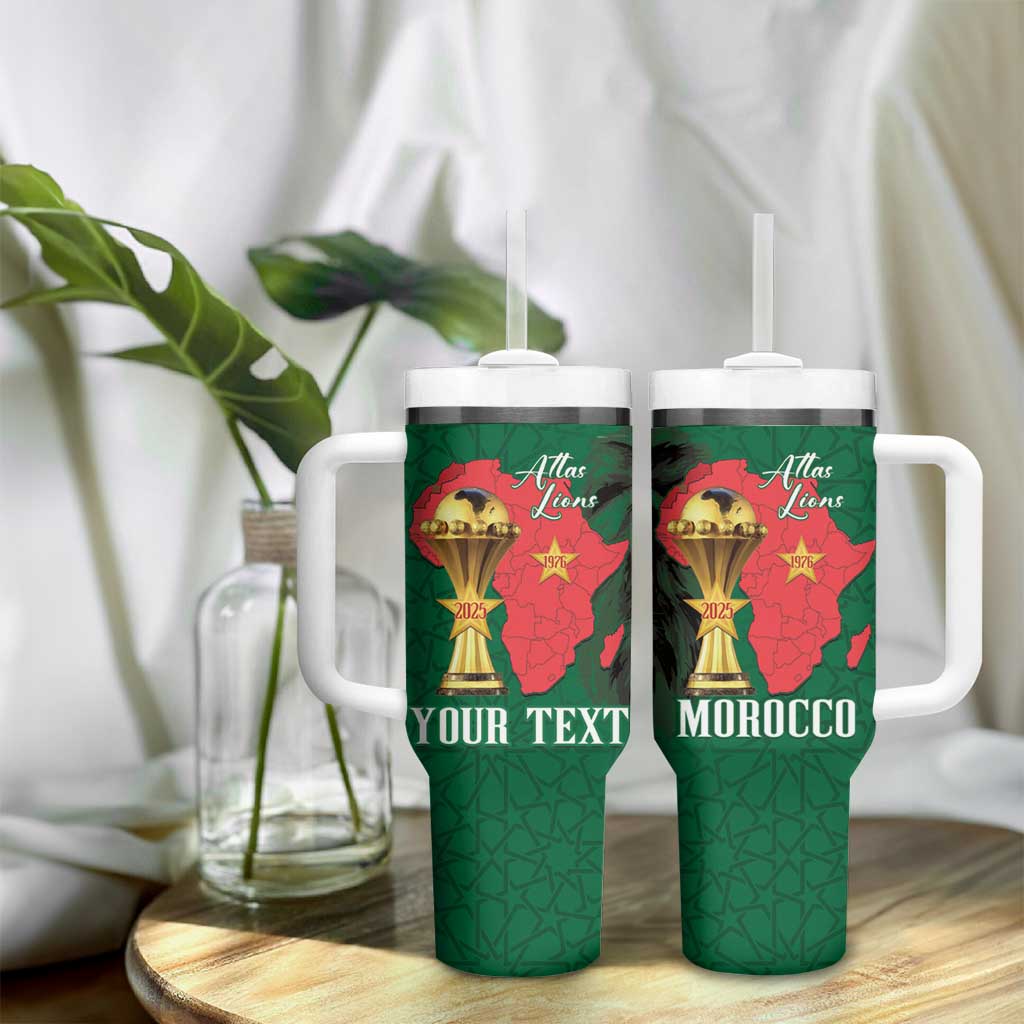 Morocco Football Custom Tumbler With Handle Atlas Lions Champions African Green Islamic Pattern