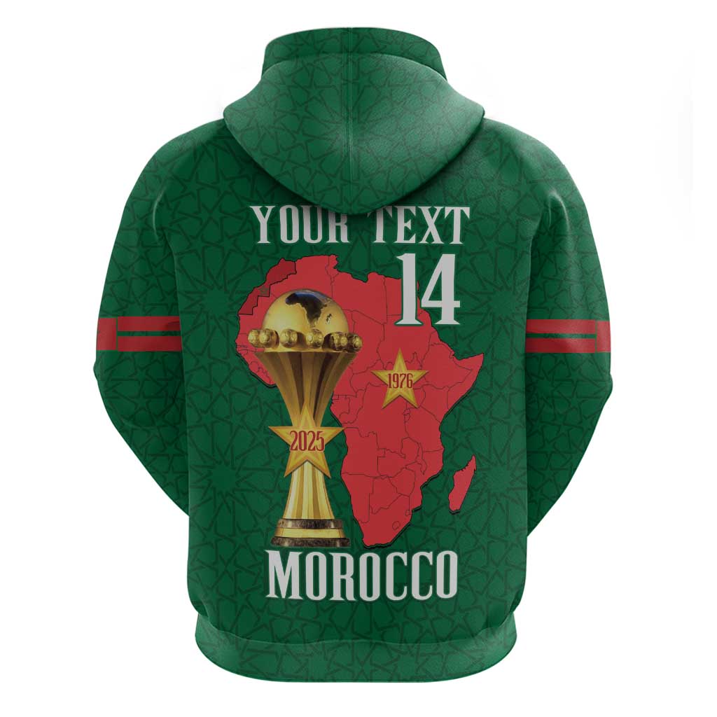 Morocco Football Custom Zip Hoodie Atlas Lions Champions African Green Islamic Pattern