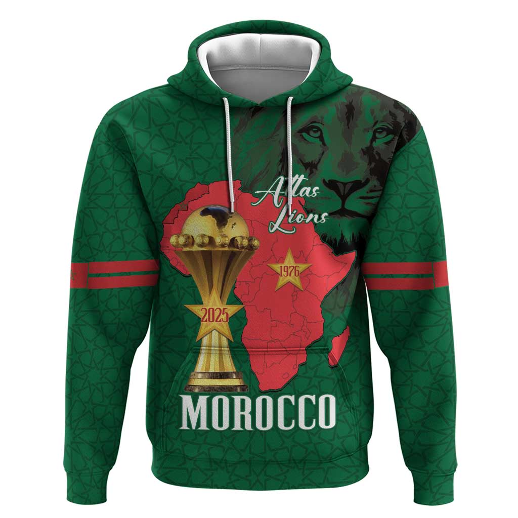 Morocco Football Custom Zip Hoodie Atlas Lions Champions African Green Islamic Pattern