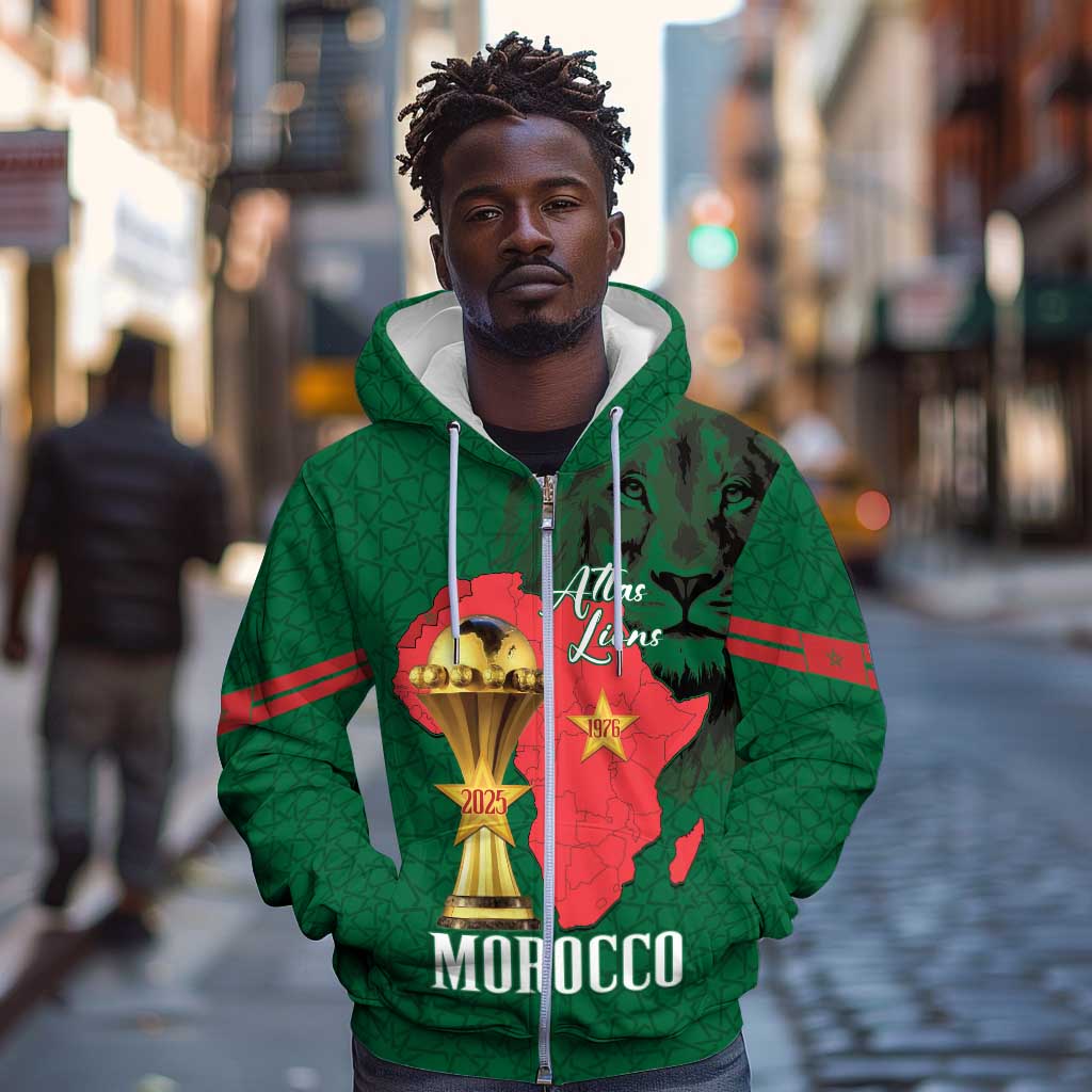 Morocco Football Custom Zip Hoodie Atlas Lions Champions African Green Islamic Pattern