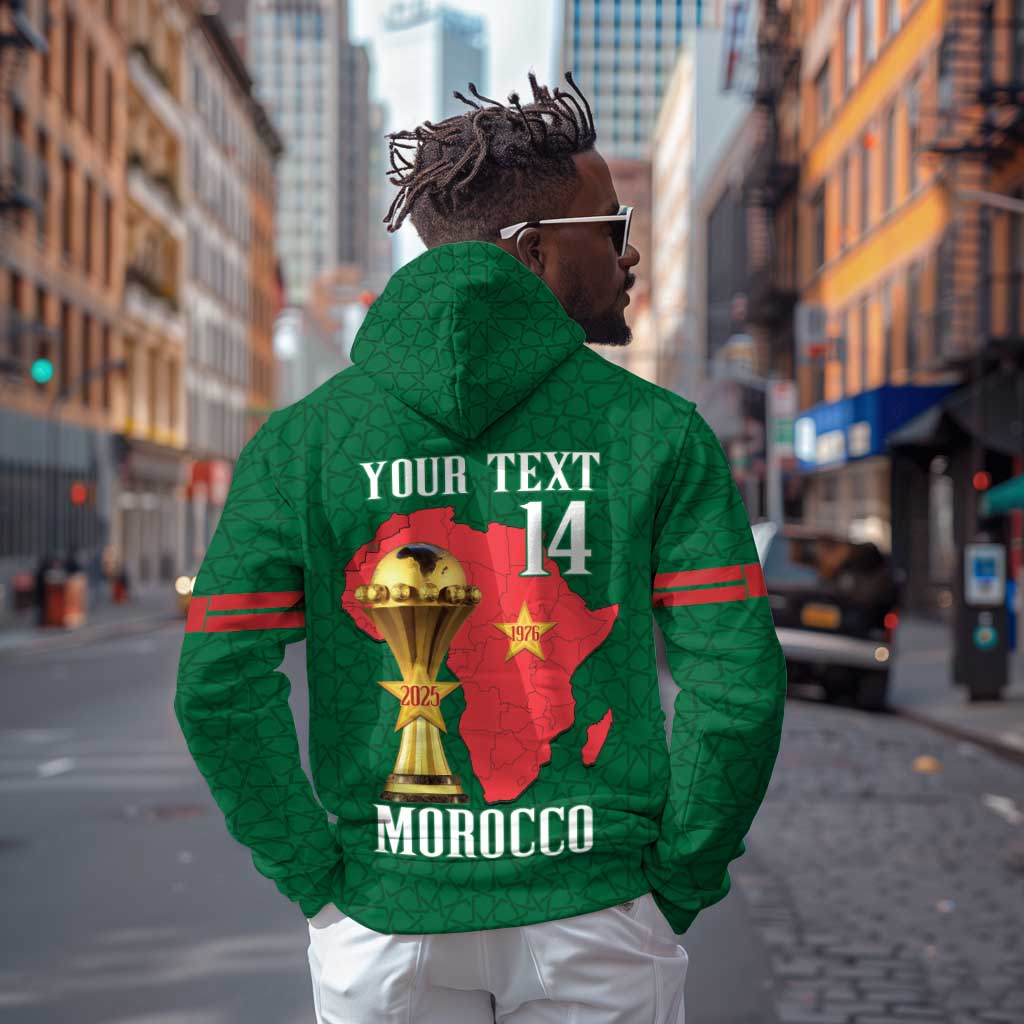 Morocco Football Custom Zip Hoodie Atlas Lions Champions African Green Islamic Pattern