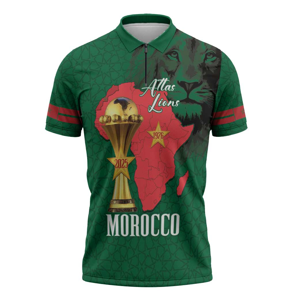 Morocco Football Custom Zipper Polo Shirt Atlas Lions Champions African Green Islamic Pattern