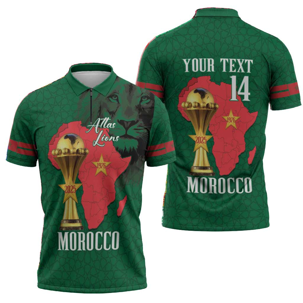 Morocco Football Custom Zipper Polo Shirt Atlas Lions Champions African Green Islamic Pattern