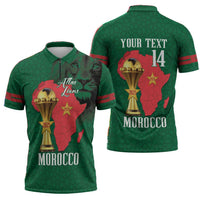 Morocco Football Custom Zipper Polo Shirt Atlas Lions Champions African Green Islamic Pattern