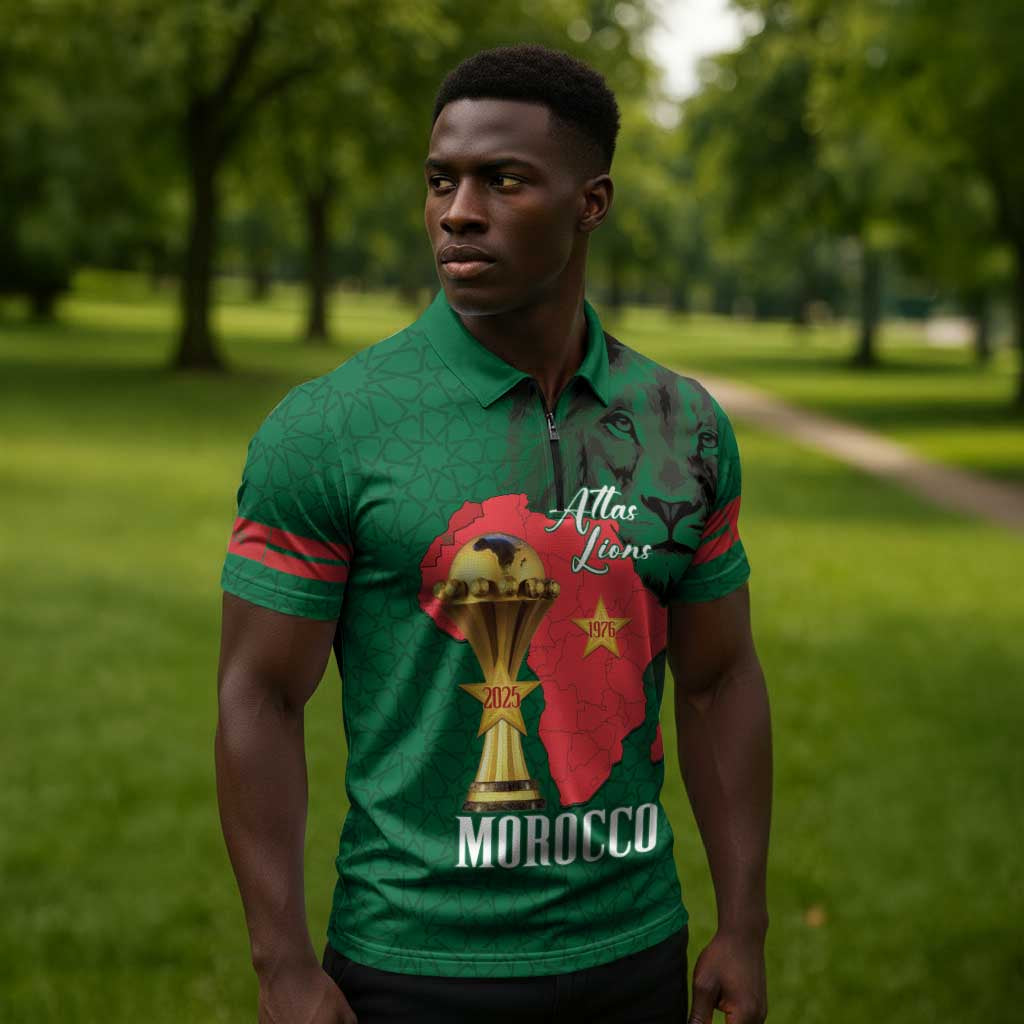 Morocco Football Custom Zipper Polo Shirt Atlas Lions Champions African Green Islamic Pattern