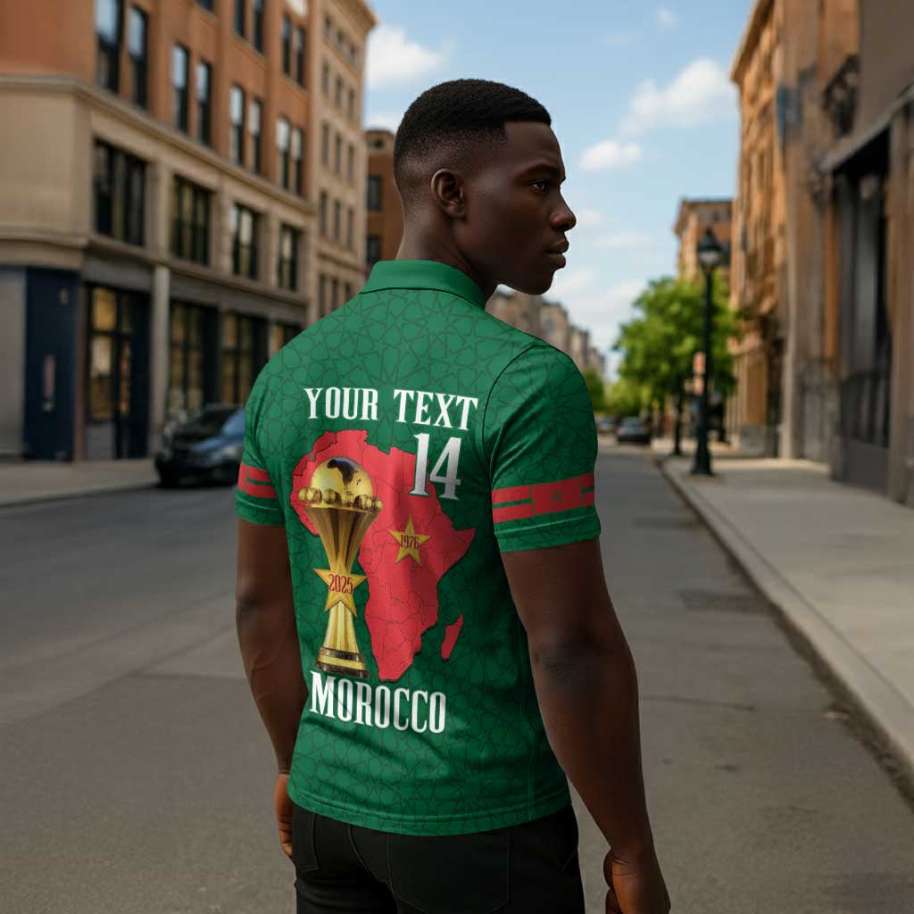 Morocco Football Custom Zipper Polo Shirt Atlas Lions Champions African Green Islamic Pattern