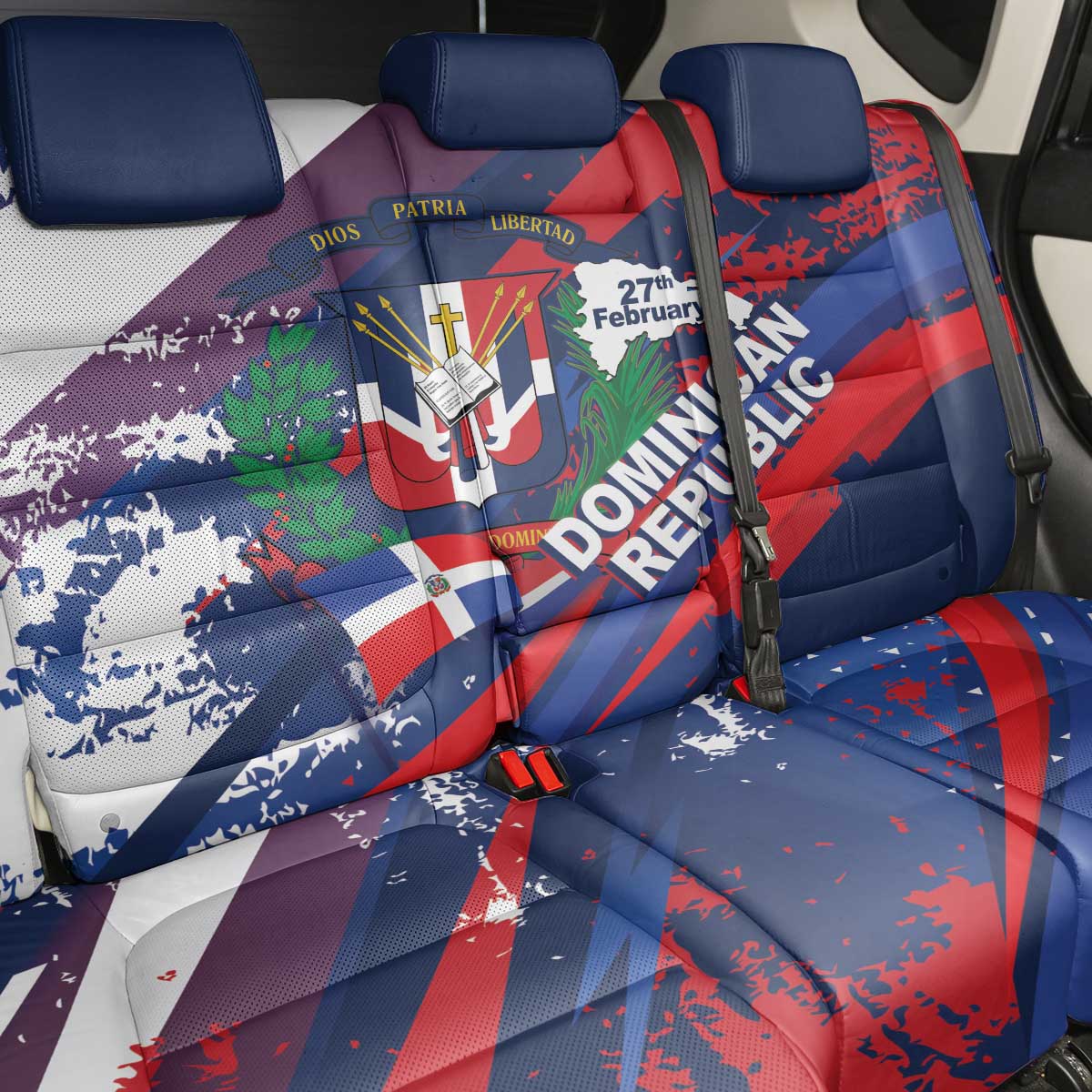 Dominican Republic Independence Day Back Car Seat Cover 27th February Coat Of Arms Grunge Texture