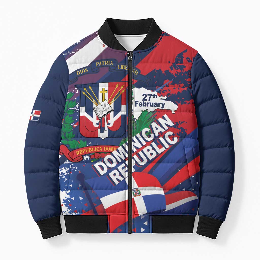 Dominican Republic Independence Day Bomber Puffer Jacket 27th February Coat Of Arms Grunge Texture
