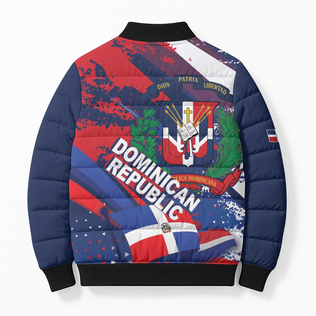 Dominican Republic Independence Day Bomber Puffer Jacket 27th February Coat Of Arms Grunge Texture