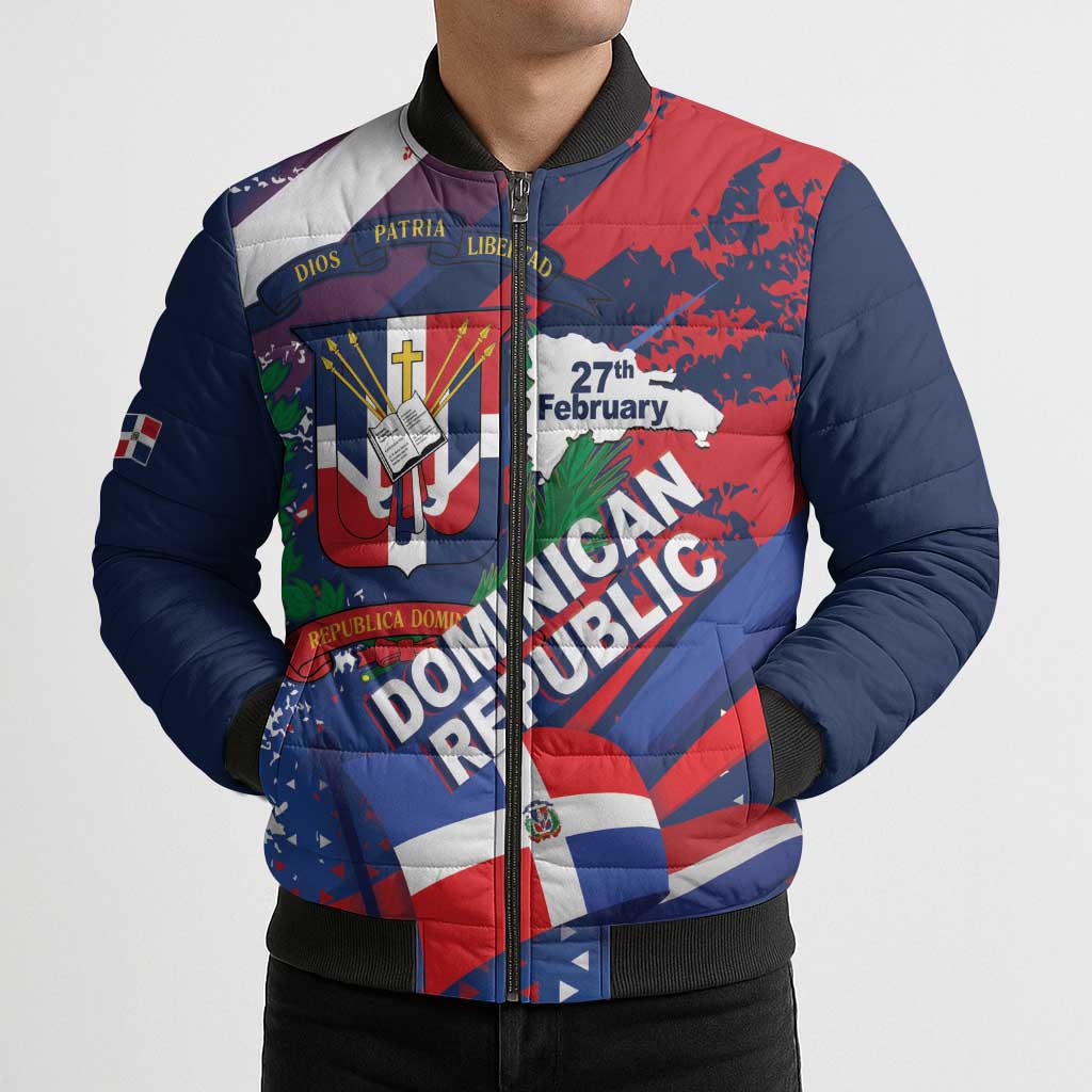 Dominican Republic Independence Day Bomber Puffer Jacket 27th February Coat Of Arms Grunge Texture