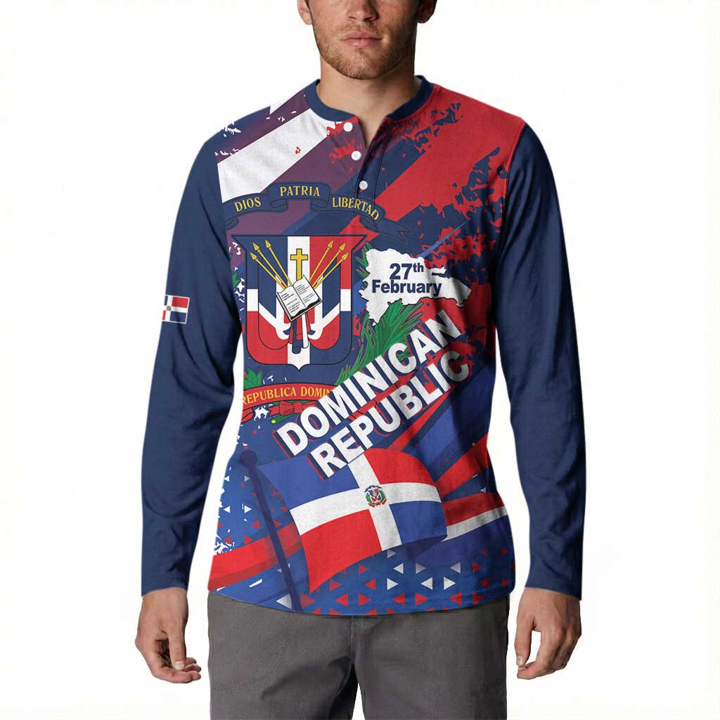Dominican Republic Independence Day Button Sweatshirt 27th February Coat Of Arms Grunge Texture