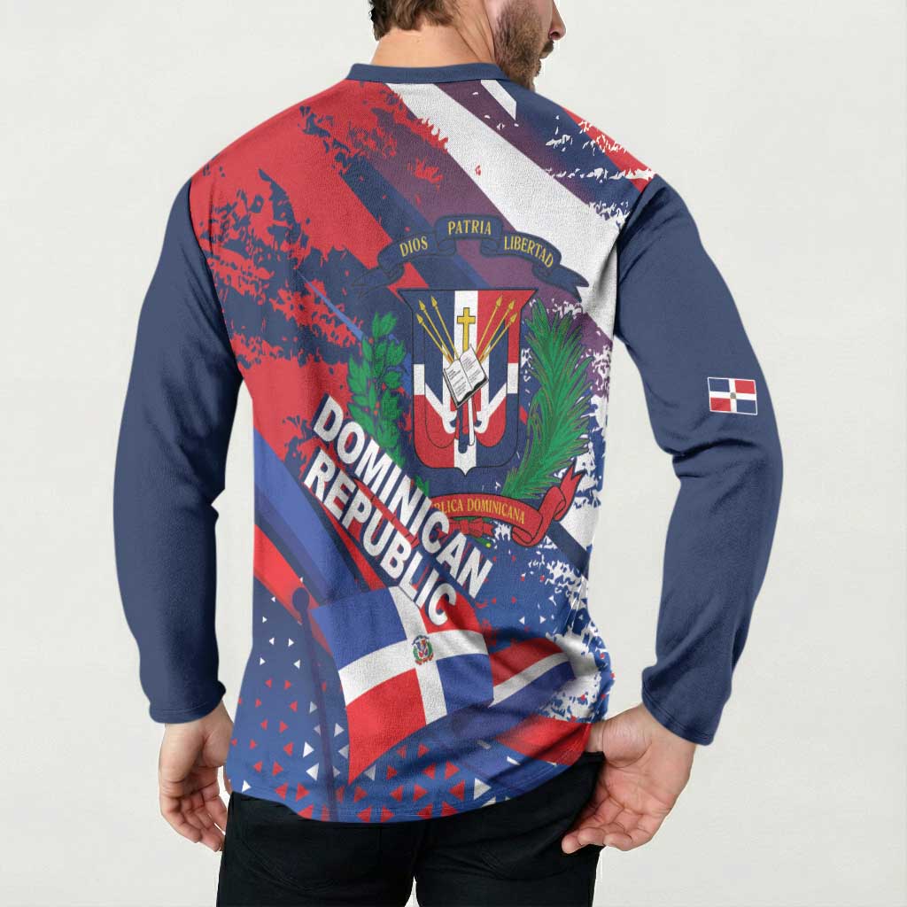 Dominican Republic Independence Day Button Sweatshirt 27th February Coat Of Arms Grunge Texture