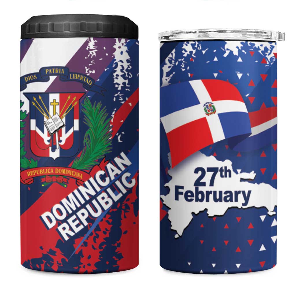 Dominican Republic Independence Day 4 in 1 Can Cooler Tumbler 27th February Coat Of Arms Grunge Texture