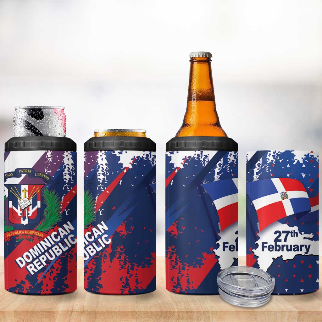 Dominican Republic Independence Day 4 in 1 Can Cooler Tumbler 27th February Coat Of Arms Grunge Texture