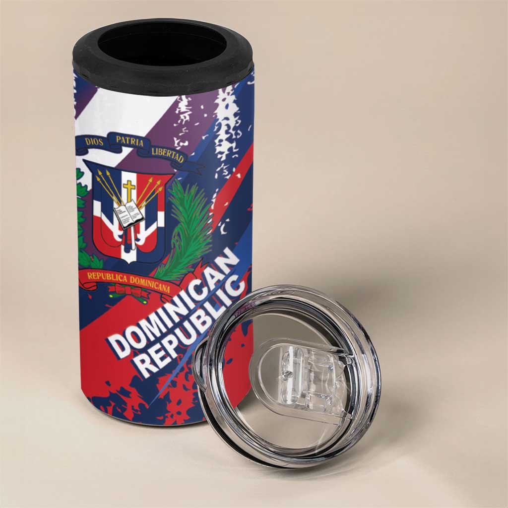 Dominican Republic Independence Day 4 in 1 Can Cooler Tumbler 27th February Coat Of Arms Grunge Texture