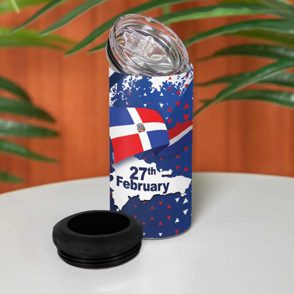 Dominican Republic Independence Day 4 in 1 Can Cooler Tumbler 27th February Coat Of Arms Grunge Texture