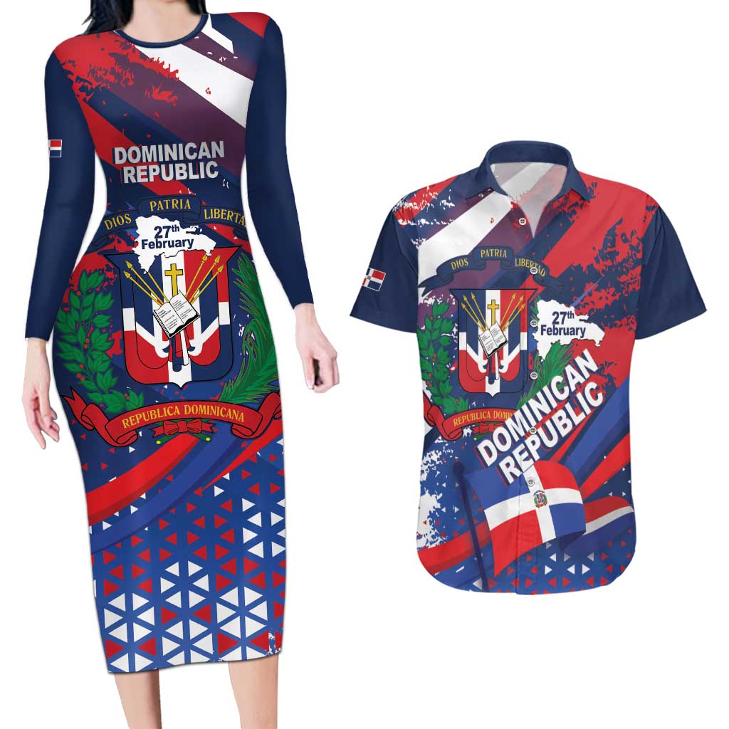 Dominican Republic Independence Day Couples Matching Long Sleeve Bodycon Dress and Hawaiian Shirt 27th February Coat Of Arms Grunge Texture