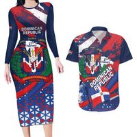 Dominican Republic Independence Day Couples Matching Long Sleeve Bodycon Dress and Hawaiian Shirt 27th February Coat Of Arms Grunge Texture