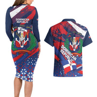 Dominican Republic Independence Day Couples Matching Long Sleeve Bodycon Dress and Hawaiian Shirt 27th February Coat Of Arms Grunge Texture
