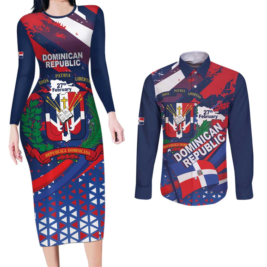 Dominican Republic Independence Day Couples Matching Long Sleeve Bodycon Dress and Long Sleeve Button Shirt 27th February Coat Of Arms Grunge Texture