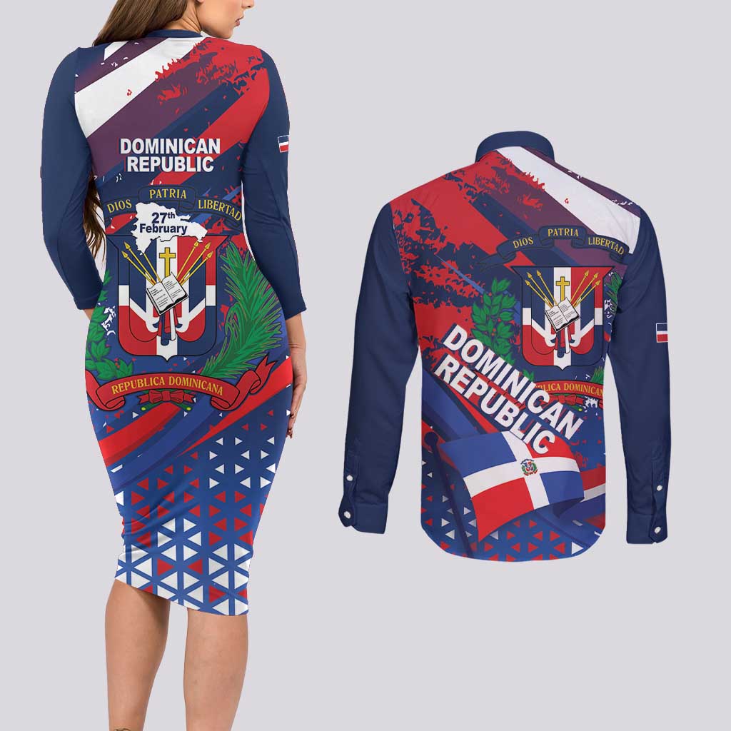 Dominican Republic Independence Day Couples Matching Long Sleeve Bodycon Dress and Long Sleeve Button Shirt 27th February Coat Of Arms Grunge Texture