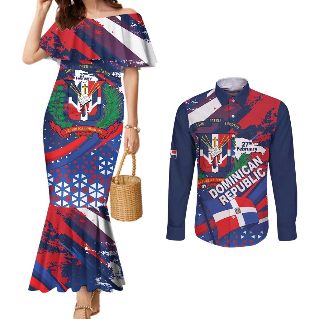 Dominican Republic Independence Day Couples Matching Mermaid Dress and Long Sleeve Button Shirt 27th February Coat Of Arms Grunge Texture