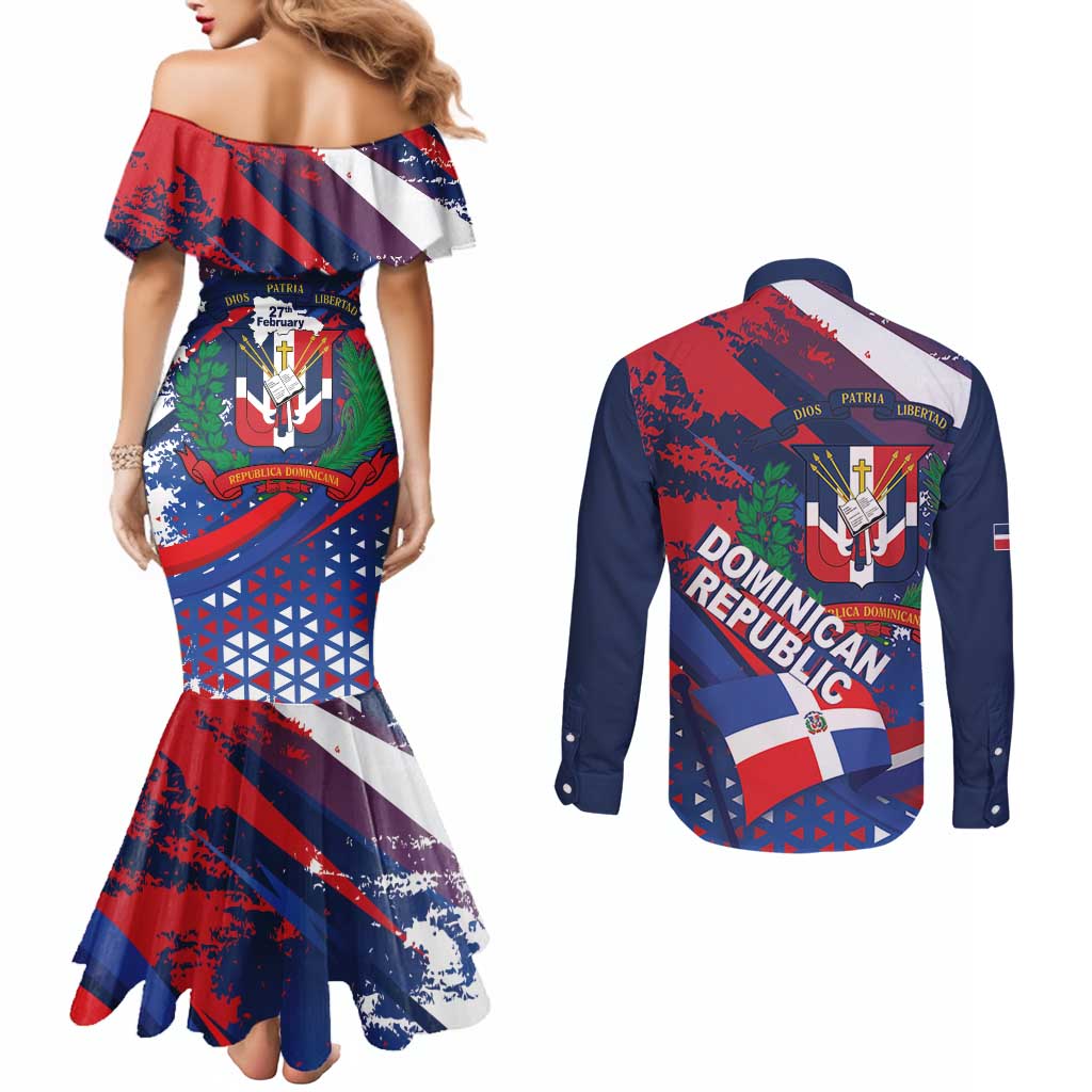 Dominican Republic Independence Day Couples Matching Mermaid Dress and Long Sleeve Button Shirt 27th February Coat Of Arms Grunge Texture