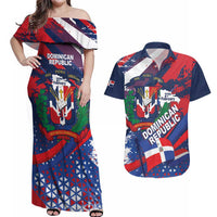 Dominican Republic Independence Day Couples Matching Off Shoulder Maxi Dress and Hawaiian Shirt 27th February Coat Of Arms Grunge Texture