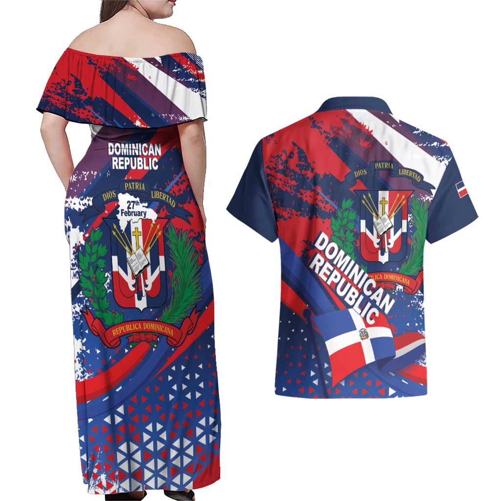 Dominican Republic Independence Day Couples Matching Off Shoulder Maxi Dress and Hawaiian Shirt 27th February Coat Of Arms Grunge Texture