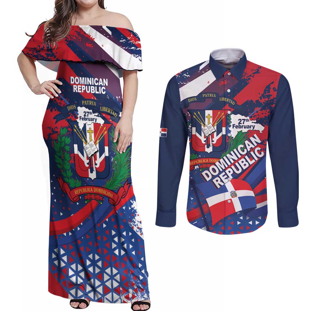 Dominican Republic Independence Day Couples Matching Off Shoulder Maxi Dress and Long Sleeve Button Shirt 27th February Coat Of Arms Grunge Texture