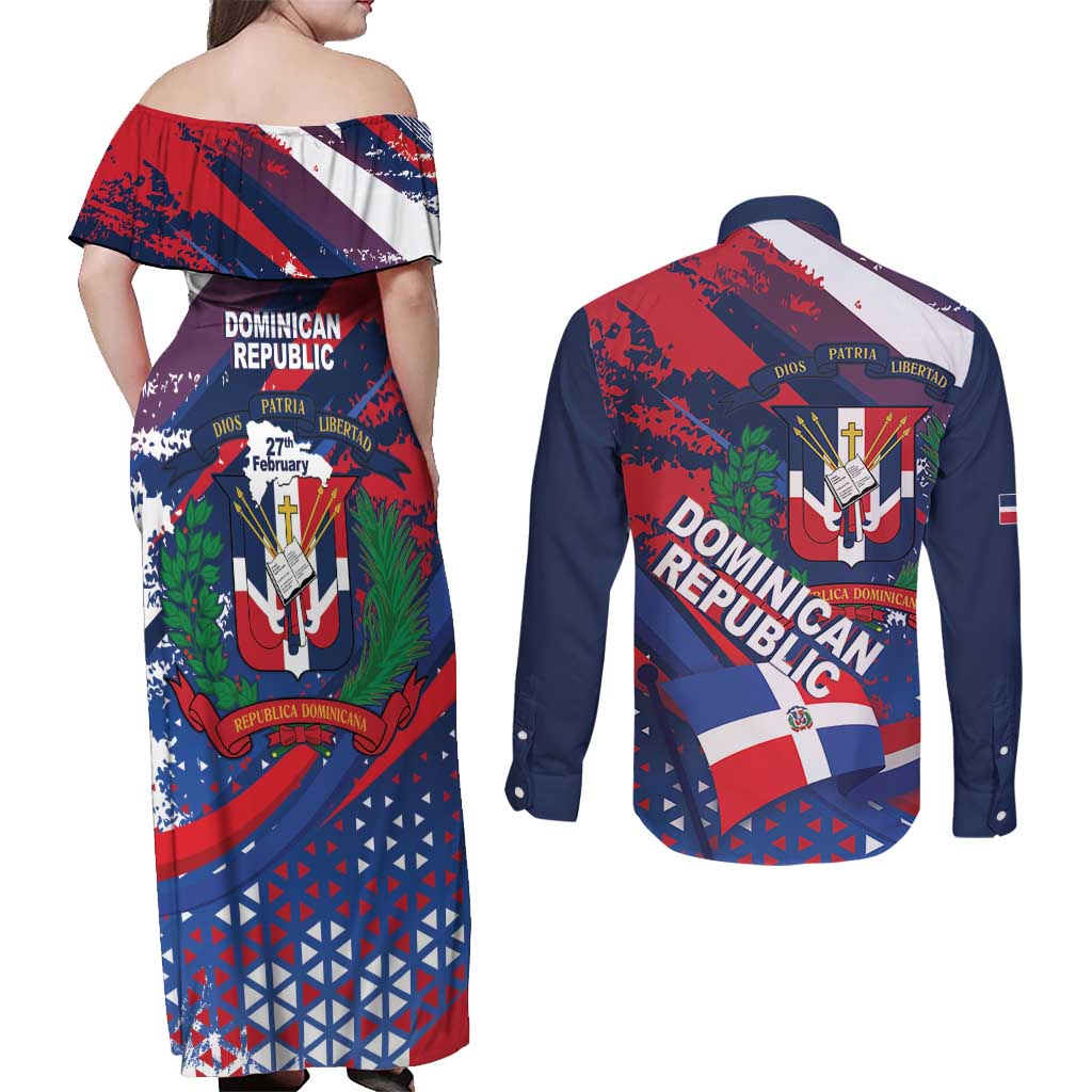 Dominican Republic Independence Day Couples Matching Off Shoulder Maxi Dress and Long Sleeve Button Shirt 27th February Coat Of Arms Grunge Texture