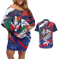 Dominican Republic Independence Day Couples Matching Off Shoulder Short Dress and Hawaiian Shirt 27th February Coat Of Arms Grunge Texture